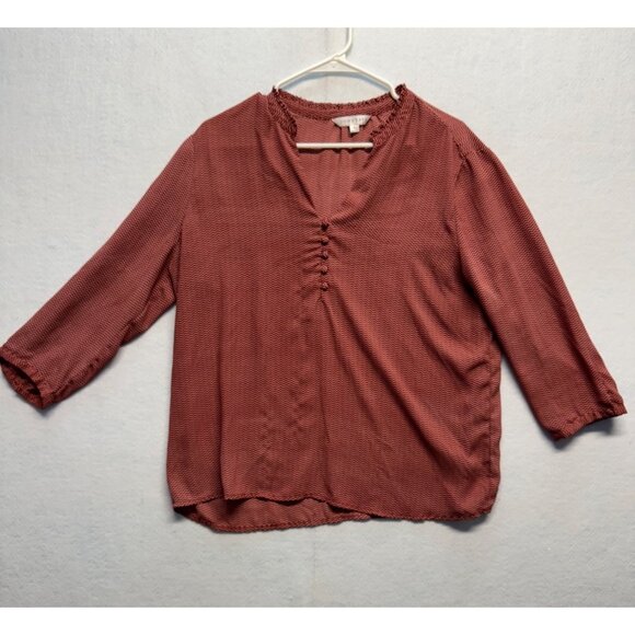 Downeast Womens Red Patterned 3/4 Sleeve Blouse With Gathered Front Detail - Picture 1 of 8